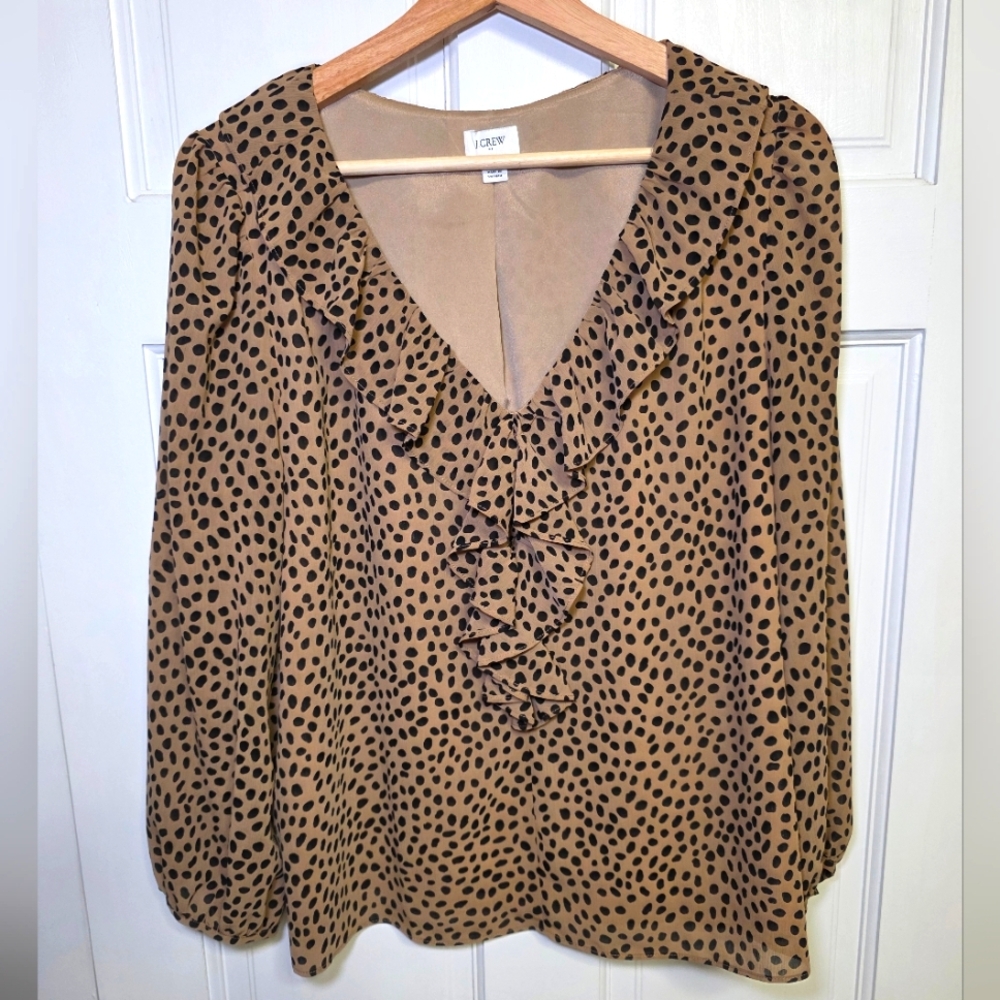 J Crew Animal Print V-Neck Ruffle Edged Flowy Lined Top Blouse- Women's Sz Lg